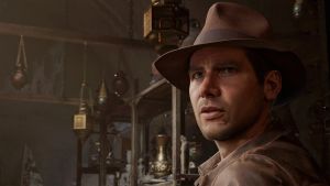 Indiana Jones looking over his shoulder in a storage room